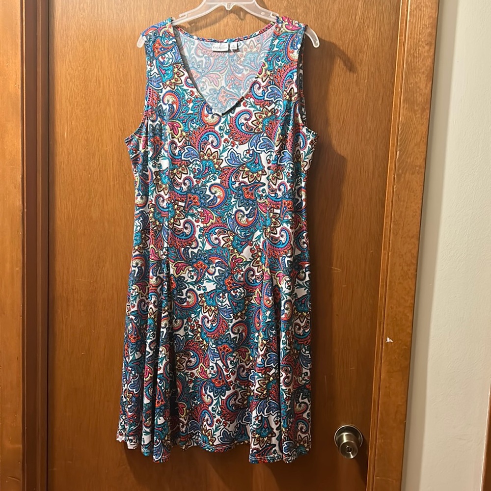 Brightly colored paisley design Kim Rogers dress.